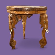 Hand-Carved Burmese Wooden Elephant Accent Table 12" Round Top  12" Tall Vintage