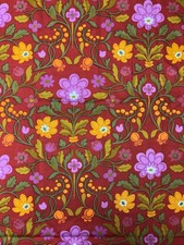 Vintage Floral Fabric Cotton New Red Orange 60s Retro