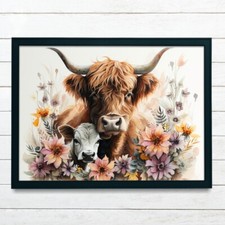 Highland Cow & Calf Floral Art