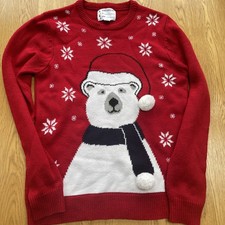 Mens Christmas Jumper Large Polar Bear Design on Red Acrylic Size XS (Up to 36”)