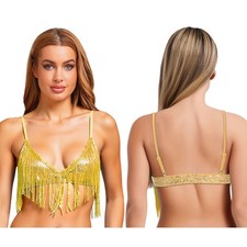 UK Women Belly Dance Bra Tops Sequin Fringe No-pad Wireless Bralette Dancewear