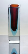 Vintage 1960s MCM Murano Sommerso Red Blue & Clear Art Glass Faceted Block Vase