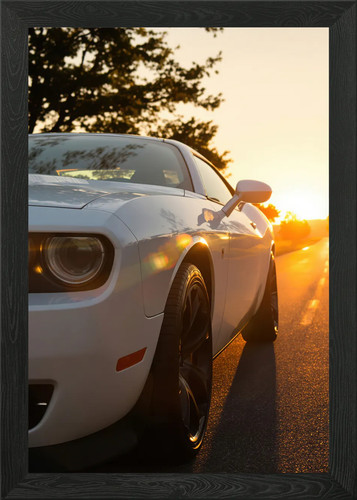 White muscle car sunset framed - sunset,