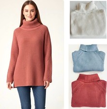 Ladies Marks Per U** Jumper Roll Neck Cotton Rich Blue Pink Thick Knit Longline