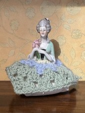 Vintage Half Doll China Pottery Figurine Fabric Base Sewing Pin Cushion #SPR170