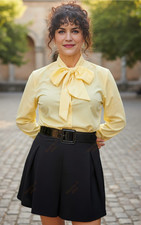 Yellow button front pussybow