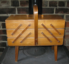 Vintage Wooden Cantilever Sewing Craft Storage Jewellery Cosmetic Box on Legs