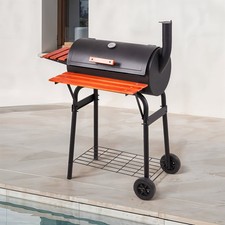 Charcoal BBQ Grill with Side Shelves and Chimney Compact Smoker Large Oil Drum