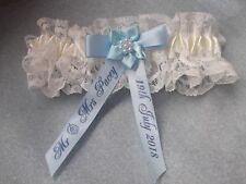 PERSONALISED BLUE AND IVORY WEDDING GARTER PLUS SIZE LARGE
