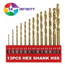 13pc Hss Titanium Coated Drill Bit Set With 1/4" Hex Shanks 1.5mm - 6.5mm Bits