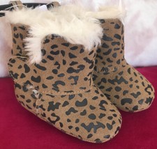 0-3 Months Leather Leopard Print With Faux Fur Lining Pram Shoes By M&S