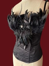 Vintage Black Fredericks of Hollywood Feather Corset and Thong Panties Sz M