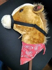 ToysR Us  Plush Gold Hobby Horse on Wooden Stick - with Sounds - 34" Riding Toy