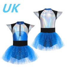 UK Kids Girls Halloween Alien Robot Cosplay Costume Shiny Metallic Leotard Dress