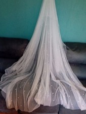White 2 tier chapel length veil with comb slide scattered pearls v415