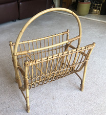Vintage Retro Cane & Wicker Magazine Rack Books Papers Record Vinyl Boho Storage