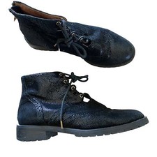 F-Troupe black metallic leather lace zip up ankle booties wingtip Euro 37 US 7