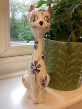 Vintage Mid-century Italian Pottery Long Neck Cat Figurine Floral Hand Painted