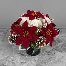 Grave Pot Artificial Flowers Christmas Red Poinsettias/Ivory Carnations & Cones