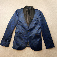 Next Mens Jacket 38S Blue Velvet Skinny Tuxedo Smoking Blazer Satin Lapel Floral