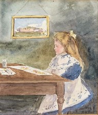 Edwardian Watercolour Young Girl Seated at a Desk by Artist A. A. Roe