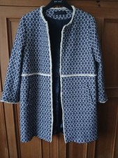 Stylish Zara Woman XL Navy/Ivory Patterned Coat Jacket Pockets Fringing Lined