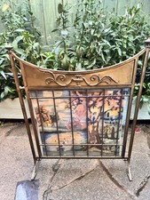Antique Brass Metal Folding Fire Guard Screen With Tapestry