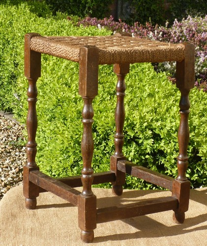 Vintage wooden stool - wooden, woven