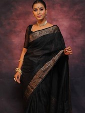 Women Beautiful Soft Lichi Silk Black Saree With Blouse Bollywood Wedding Party