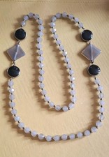Striking Jaeger Vintage Long Grey Quartzite Beaded Necklace With Black Accents