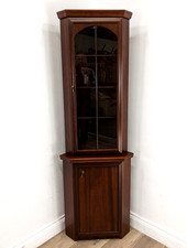 CORNER CABINET Retro Glass Door Shelves Mahogany Shelved Cupboard Vintage