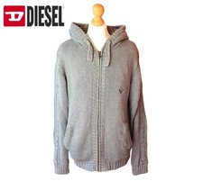 Diesel Mens Grey Chunky Cable Knit Full Zip Hoodie Size L Warm Insulated Sweater