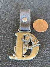 Vintage Disney Brass  Letter D DONALD DUCK Key Keychain Loop Watch Leather Fob
