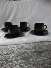 VINTAGE ARCOROC FRANCE OCTIME BLACK TOUGHENED GLASS SET OF 4 MUGS&SAUCERS