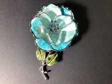 Estate Metal Flower Brooch Large Enamel Baby Blue W Fold-Away Stem & Leaves BD