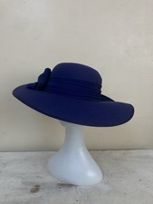 Vintage Jacques Vert 80s Wide Brim Hat Navy Blue Big Bow Wedding Races Hepburn