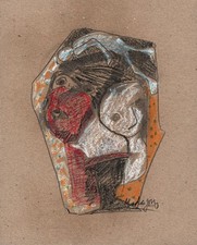 ABSTRACT FIGURES IN THE STYLE OF PICASSO Pastel Drawing 2013 INDISTINCTLY SIGNED