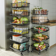 Metal Wire Storage Rack 6 Tier Black Baskets with Wheels. Fruit And Veg Basket.