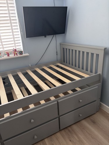 Grey wooden single bed with - wooden,
