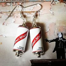 Unique RED STRIPE LAGER EARRINGS handmade PUB cans MINIATURE jamaican BEER cool