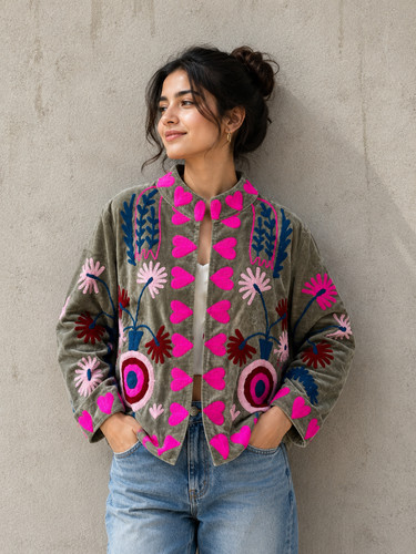 Pink heart velvet suzani - velvet,