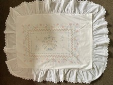 Rare Vintage French Frilled Pillowcase Lace Trimmed Floral Pattern