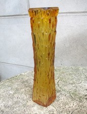 Original Vintage Oberglas Bark Effect Amber Glass Waisted Vase 27cm Tall
