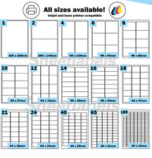 500 Sheet Box A4 Self Adhesive Printer Parcel Sticky Labels. 15 sticker sizes