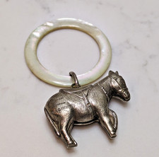 ANTIQUE SILVER BABY RATTLE TEETHER CHRISTENING GLASGOW COW OVER MOON 1930