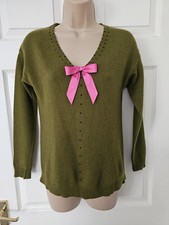 Bartolini 100% Cashmere Jumper Size Small Knit Green & Pink With Rhinestones