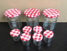 9 empty Bonne Maman jars: 3 large + 6 small, red gingham lids, storage, crafts