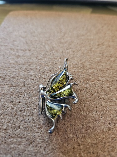 Silver brooch green amber - brooch, leaf