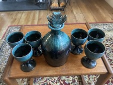 Woburn Pottery Vintage 1970s Handmade Decanter And Goblets x6 Green Black