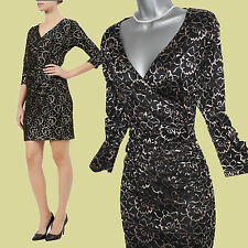 KALIKO Black Gold Two Tone Floral Lace 3/4 Sleeve Cocktail Shift Dress UK 12 40